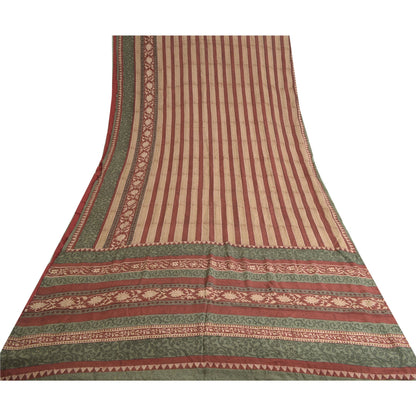 Sanskriti Vintage Sarees Orange/Green Kalamkari Printed Pure Crepe Sari Sustainable Fabric