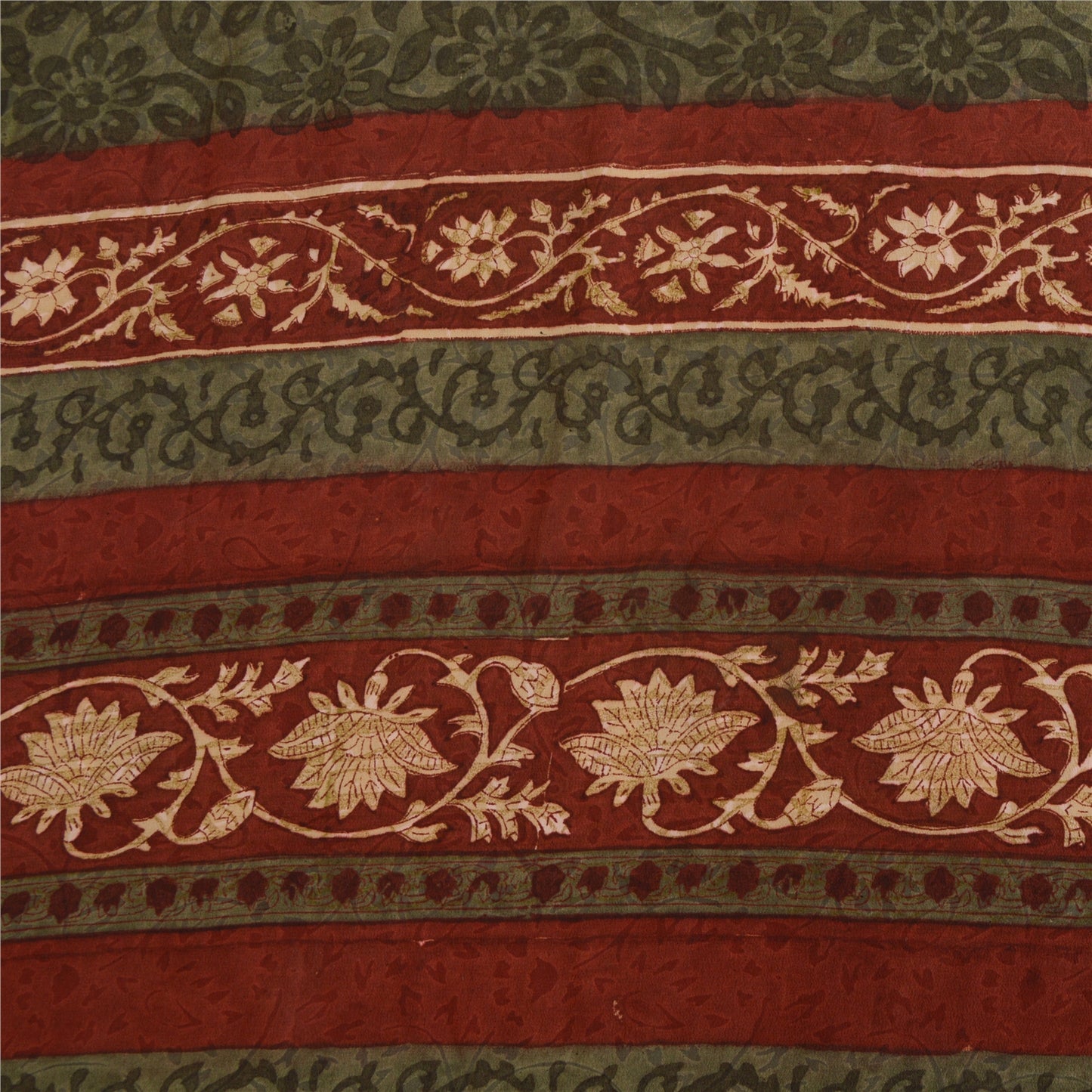 Sanskriti Vintage Sarees Orange/Green Kalamkari Printed Pure Crepe Sari Sustainable Fabric