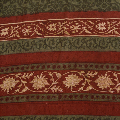 Sanskriti Vintage Sarees Orange/Green Kalamkari Printed Pure Crepe Sari Sustainable Fabric