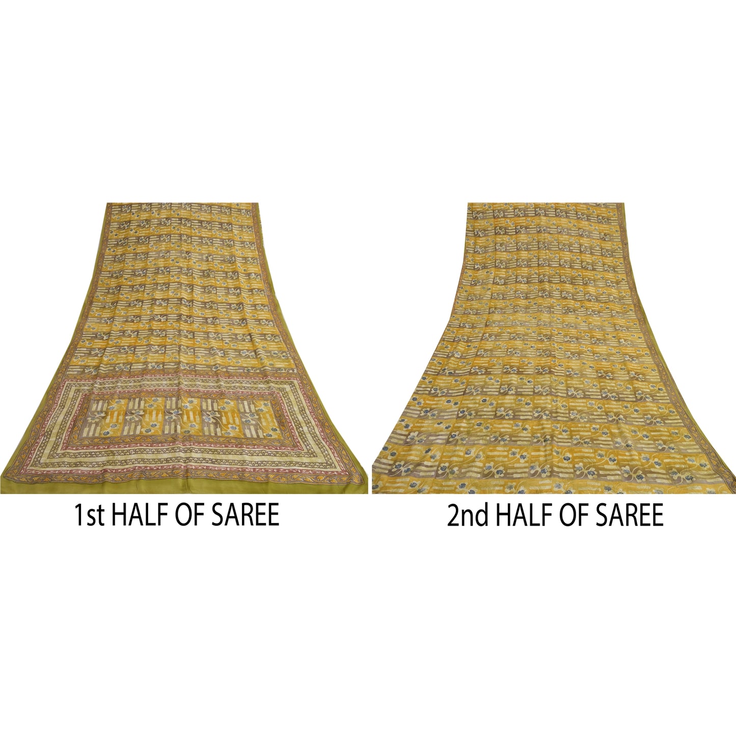 Sanskriti Vintage Sarees Green 100% Pure Crepe Silk Printed Sari Craft Sustainable Fabric