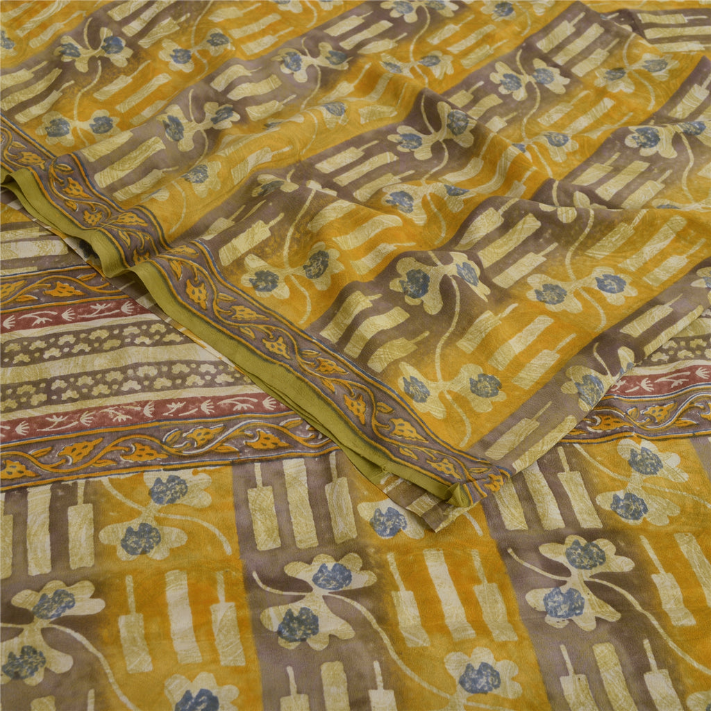 Sanskriti Vintage Sarees Green 100% Pure Crepe Silk Printed Sari Craft Sustainable Fabric