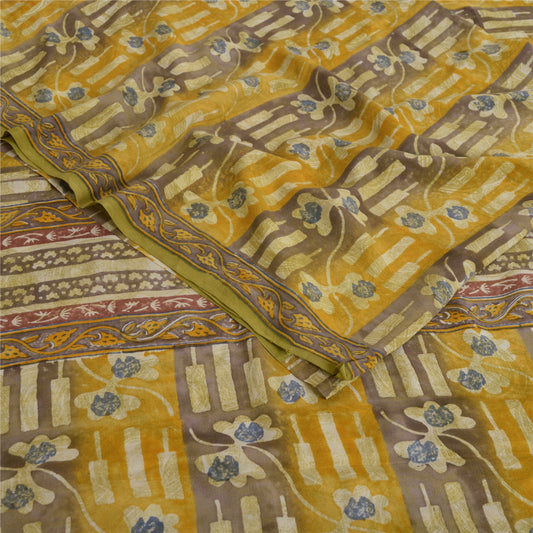 Sanskriti Vintage Sarees Green 100% Pure Crepe Silk Printed Sari Craft Sustainable Fabric