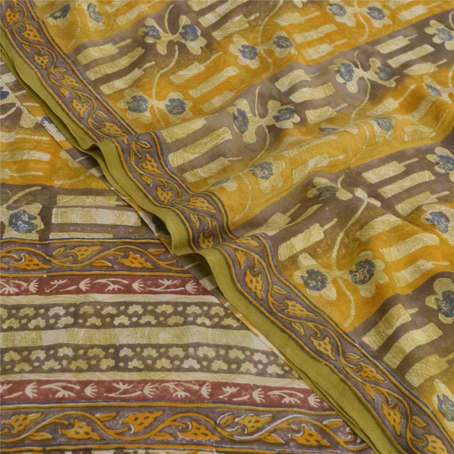 Sanskriti Vintage Sarees Green 100% Pure Crepe Silk Printed Sari Craft Sustainable Fabric