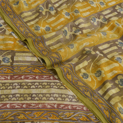 Sanskriti Vintage Sarees Green 100% Pure Crepe Silk Printed Sari Craft Sustainable Fabric