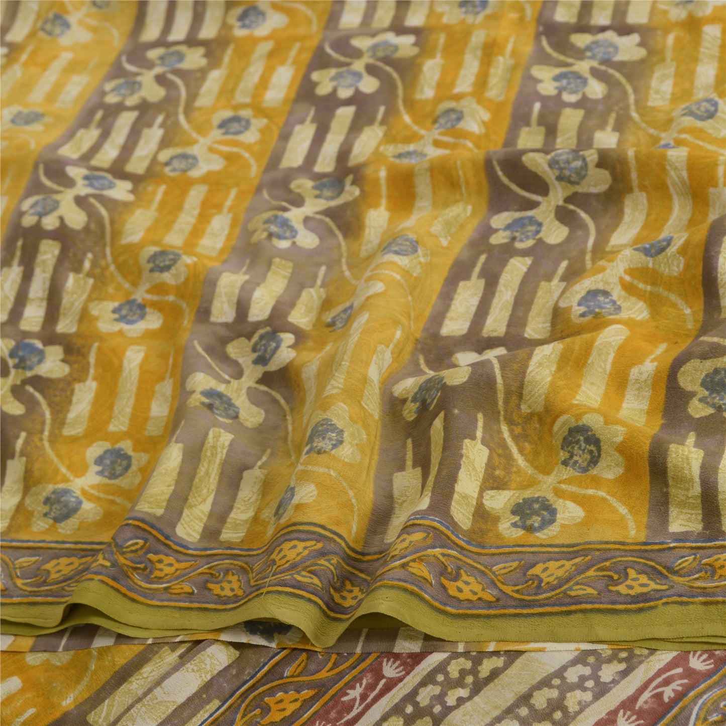 Sanskriti Vintage Sarees Green 100% Pure Crepe Silk Printed Sari Craft Sustainable Fabric