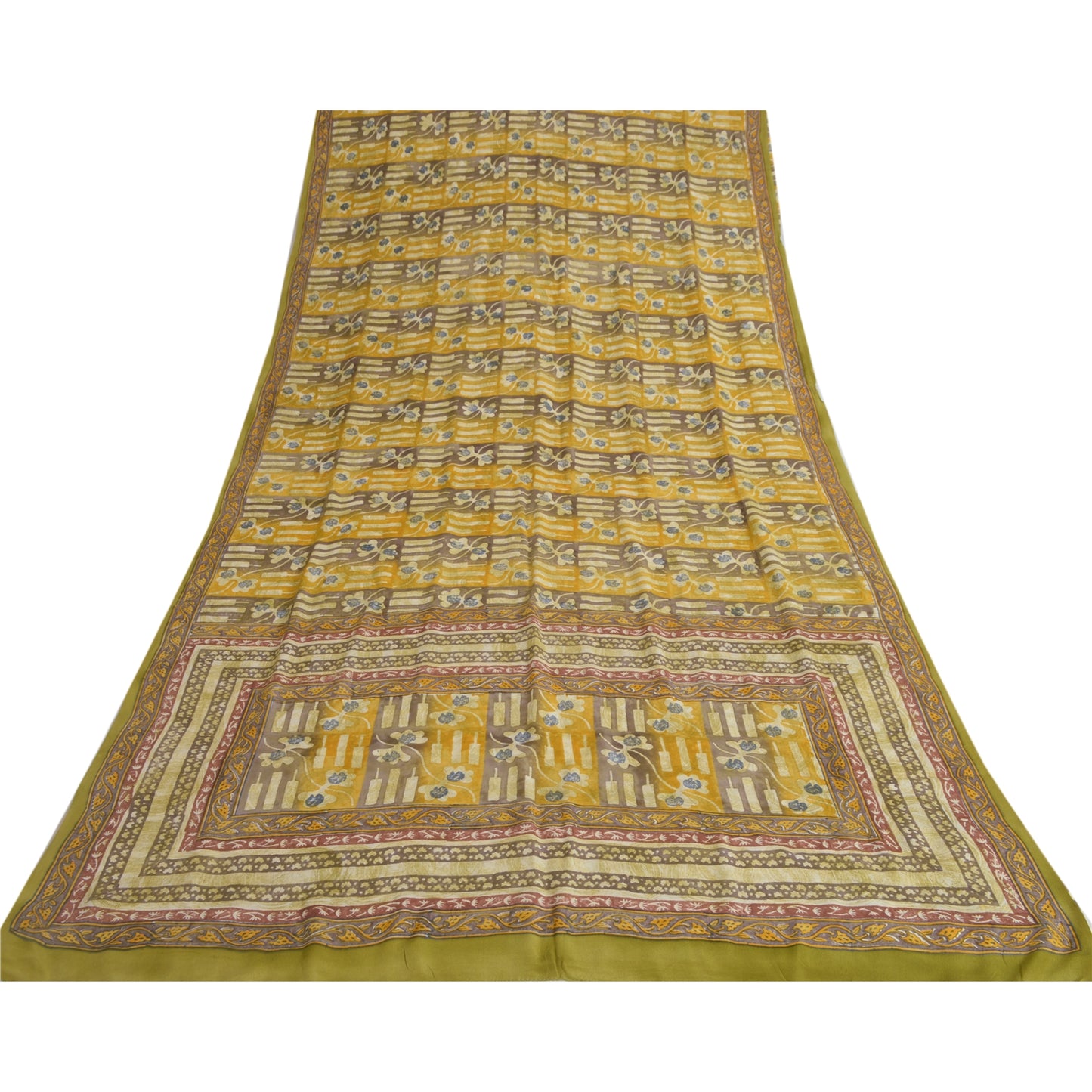 Sanskriti Vintage Sarees Green 100% Pure Crepe Silk Printed Sari Craft Sustainable Fabric