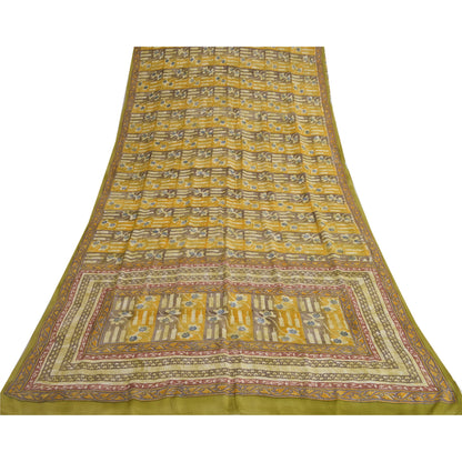 Sanskriti Vintage Sarees Green 100% Pure Crepe Silk Printed Sari Craft Sustainable Fabric