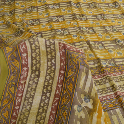 Sanskriti Vintage Sarees Green 100% Pure Crepe Silk Printed Sari Craft Sustainable Fabric