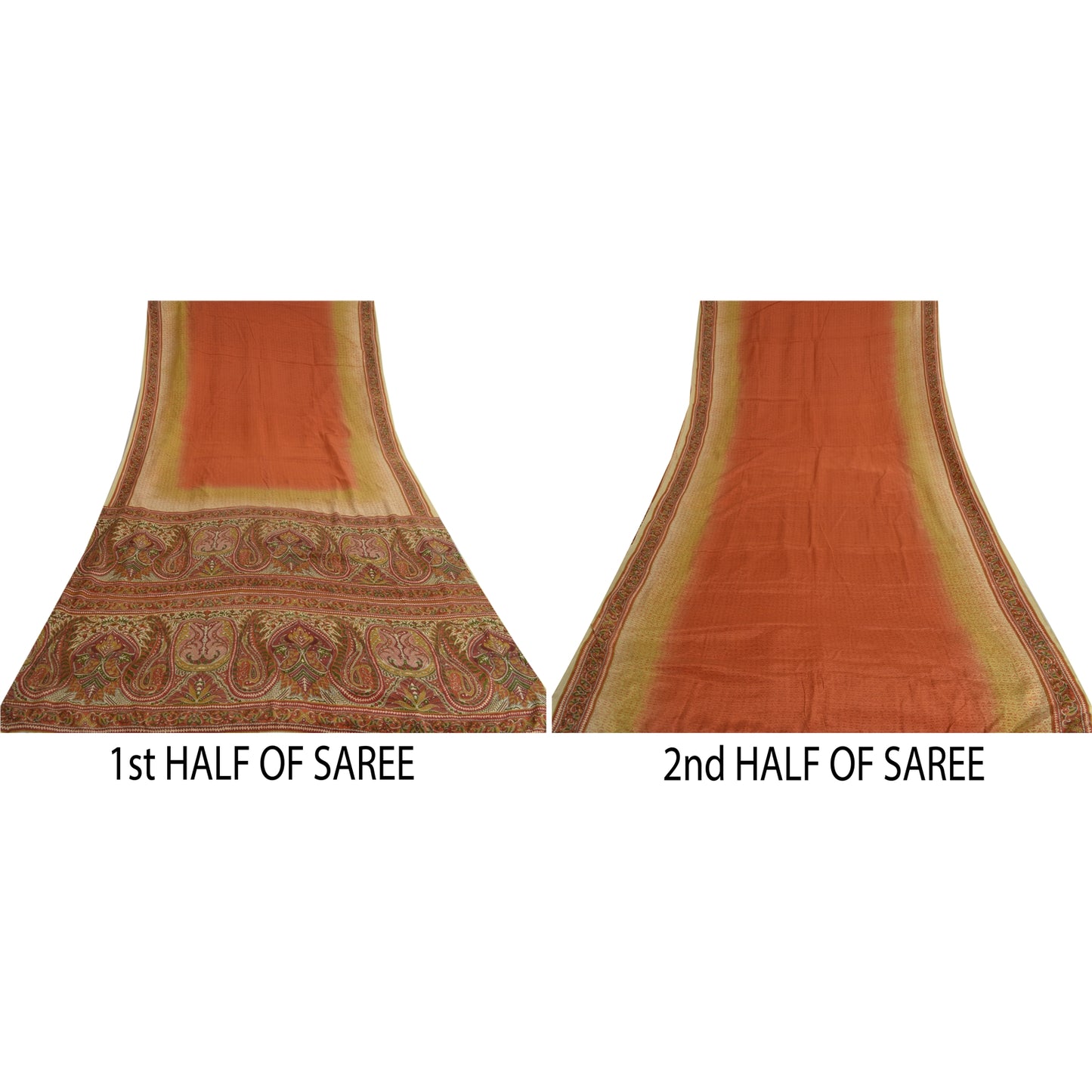 Sanskriti Vintage Sarees Indian Orange Pure Crepe Silk Printed Sari Craft Sustainable Fabric