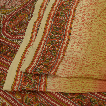 Sanskriti Vintage Sarees Indian Orange Pure Crepe Silk Printed Sari Craft Sustainable Fabric
