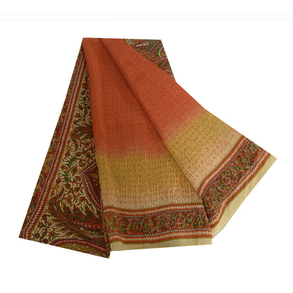 Sanskriti Vintage Sarees Indian Orange Pure Crepe Silk Printed Sari Craft Sustainable Fabric