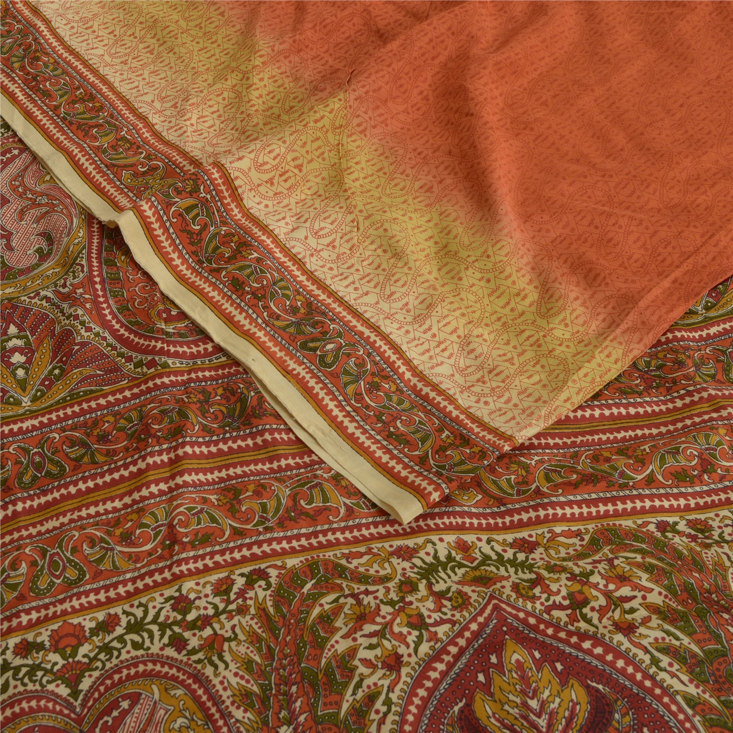 Sanskriti Vintage Sarees Indian Orange Pure Crepe Silk Printed Sari Craft Sustainable Fabric