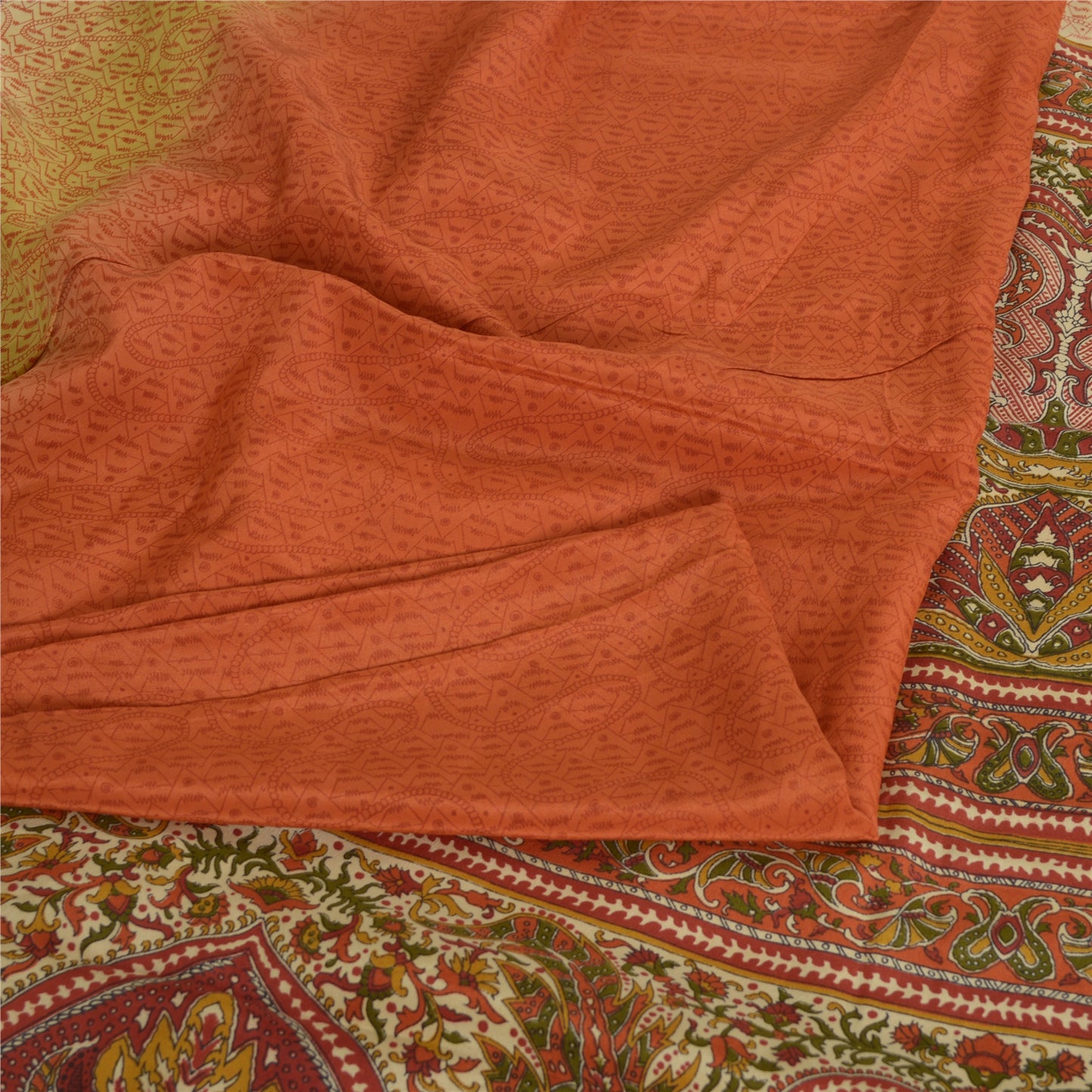 Sanskriti Vintage Sarees Indian Orange Pure Crepe Silk Printed Sari Craft Sustainable Fabric