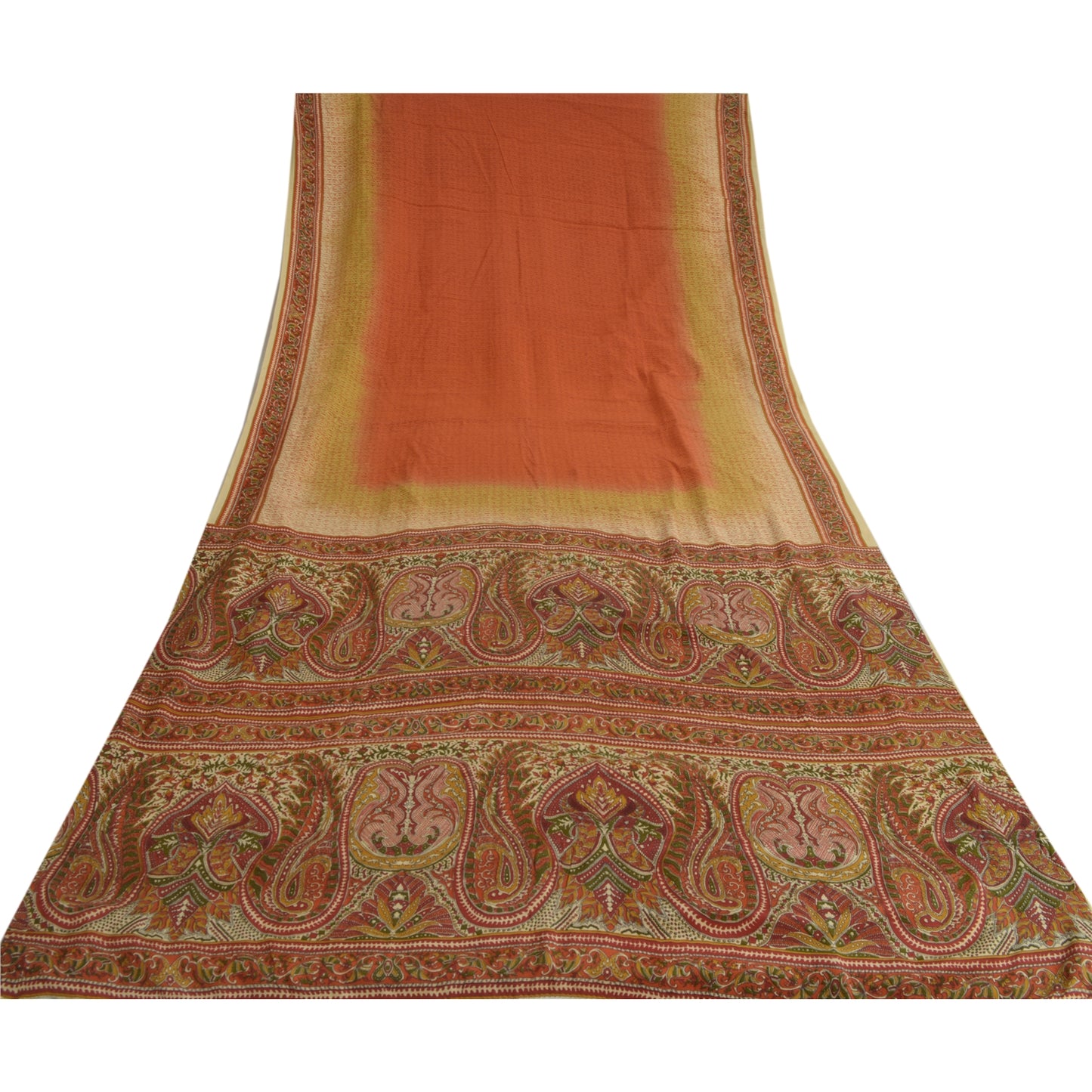 Sanskriti Vintage Sarees Indian Orange Pure Crepe Silk Printed Sari Craft Sustainable Fabric