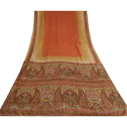 Sanskriti Vintage Sarees Indian Orange Pure Crepe Silk Printed Sari Craft Sustainable Fabric