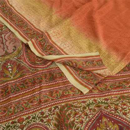Sanskriti Vintage Sarees Indian Orange Pure Crepe Silk Printed Sari Craft Sustainable Fabric