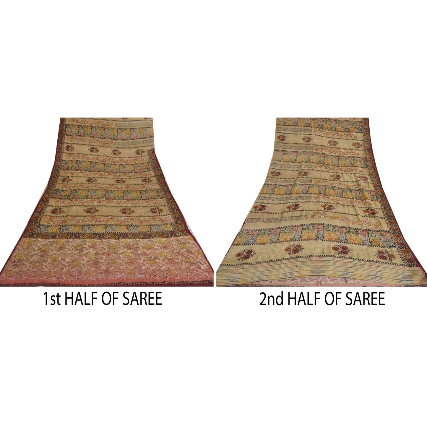 Sanskriti Vintage Sarees Hand Beads Pure Crepe/Net Print Fabic Patch Sari Sustainable Fabric