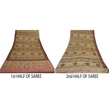 Sanskriti Vintage Sarees Hand Beads Pure Crepe/Net Print Fabic Patch Sari Sustainable Fabric