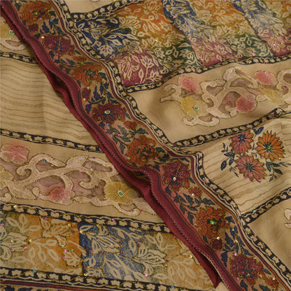 Sanskriti Vintage Sarees Hand Beads Pure Crepe/Net Print Fabic Patch Sari Sustainable Fabric