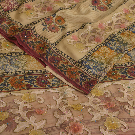 Sanskriti Vintage Sarees Hand Beads Pure Crepe/Net Print Fabic Patch Sari Sustainable Fabric
