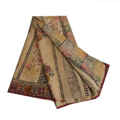 Sanskriti Vintage Sarees Hand Beads Pure Crepe/Net Print Fabic Patch Sari Sustainable Fabric