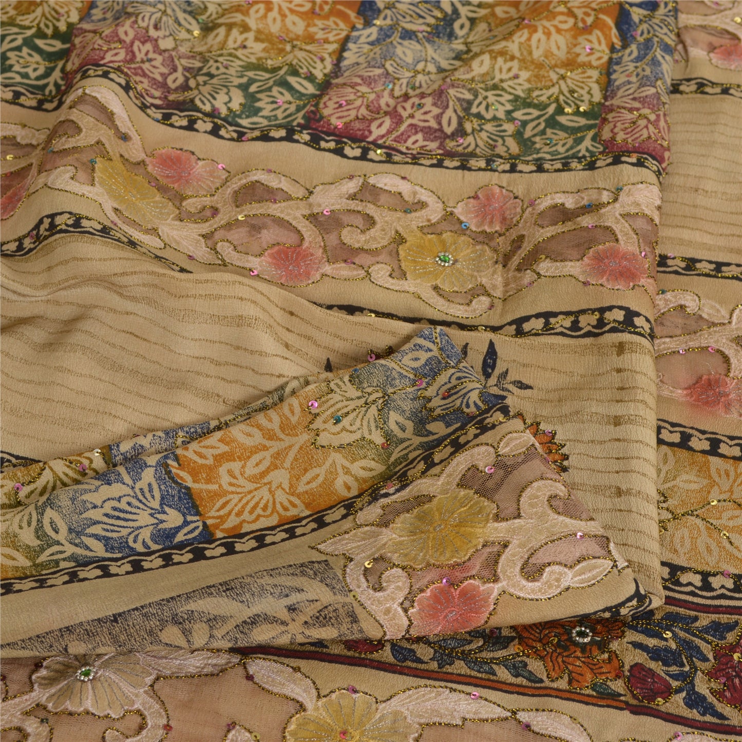 Sanskriti Vintage Sarees Hand Beads Pure Crepe/Net Print Fabic Patch Sari Sustainable Fabric