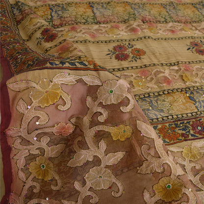 Sanskriti Vintage Sarees Hand Beads Pure Crepe/Net Print Fabic Patch Sari Sustainable Fabric