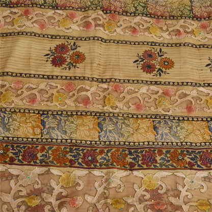 Sanskriti Vintage Sarees Hand Beads Pure Crepe/Net Print Fabic Patch Sari Sustainable Fabric