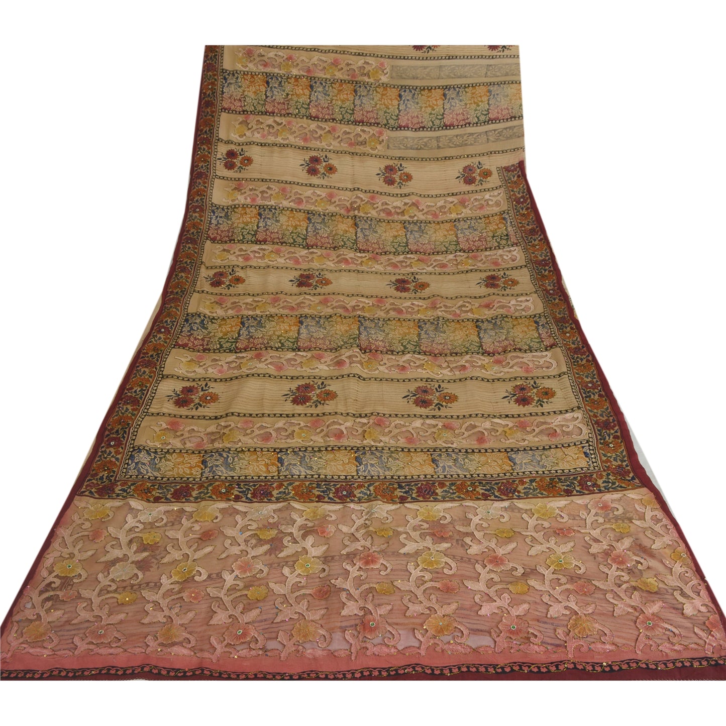 Sanskriti Vintage Sarees Hand Beads Pure Crepe/Net Print Fabic Patch Sari Sustainable Fabric