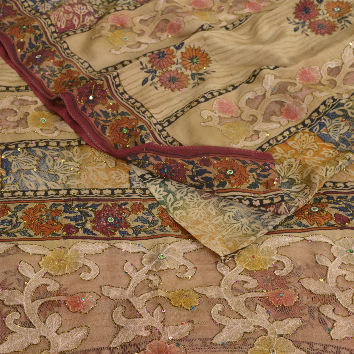 Sanskriti Vintage Sarees Hand Beads Pure Crepe/Net Print Fabic Patch Sari Sustainable Fabric