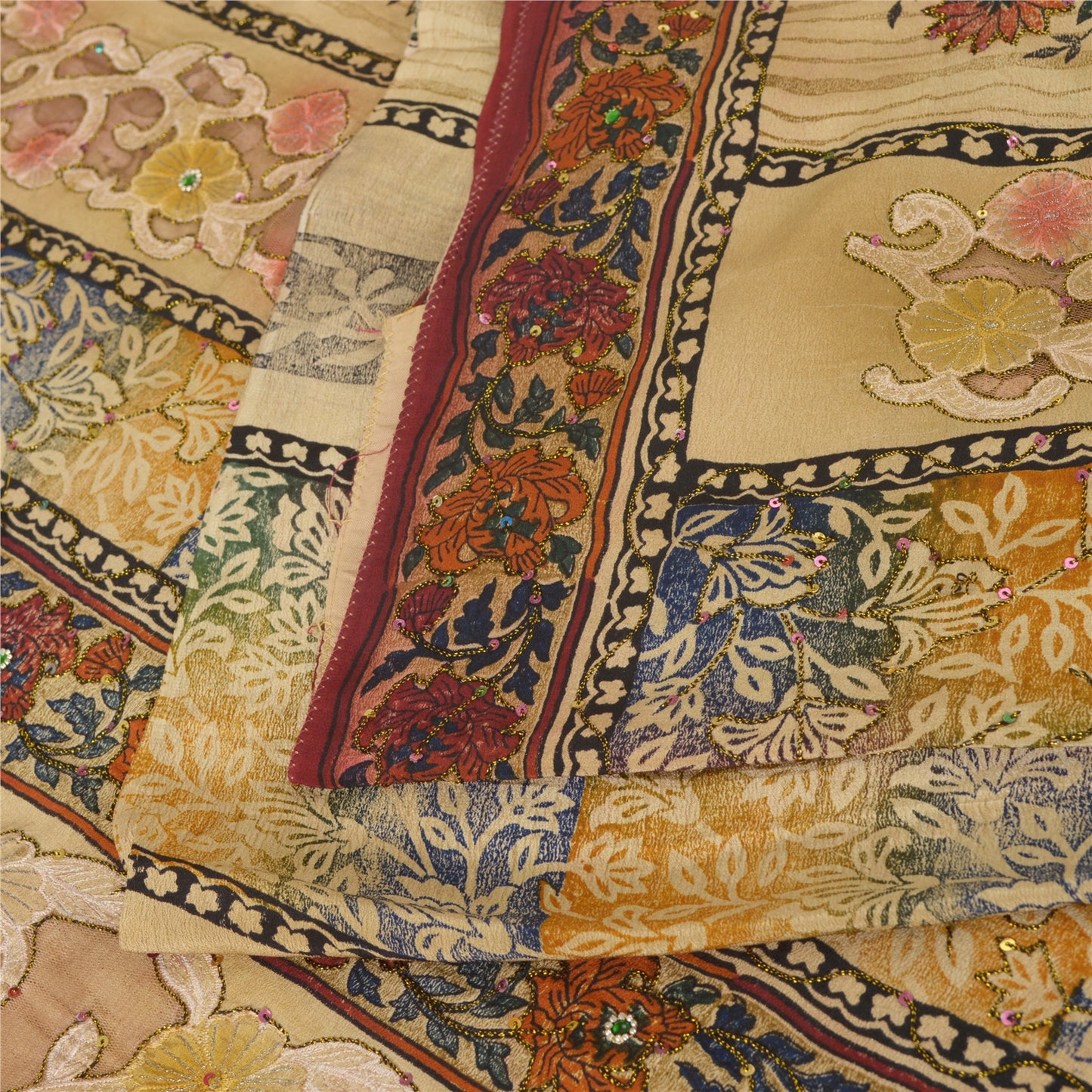 Sanskriti Vintage Sarees Hand Beads Pure Crepe/Net Print Fabic Patch Sari Sustainable Fabric