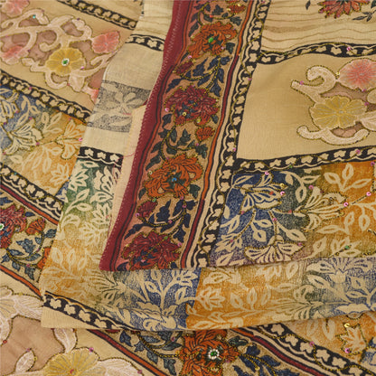 Sanskriti Vintage Sarees Hand Beads Pure Crepe/Net Print Fabic Patch Sari Sustainable Fabric