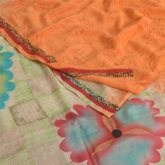 Sanskriti Vintage Sarees Orange 100% Pure Crepe Silk Printed Sari Craft Sustainable Fabric