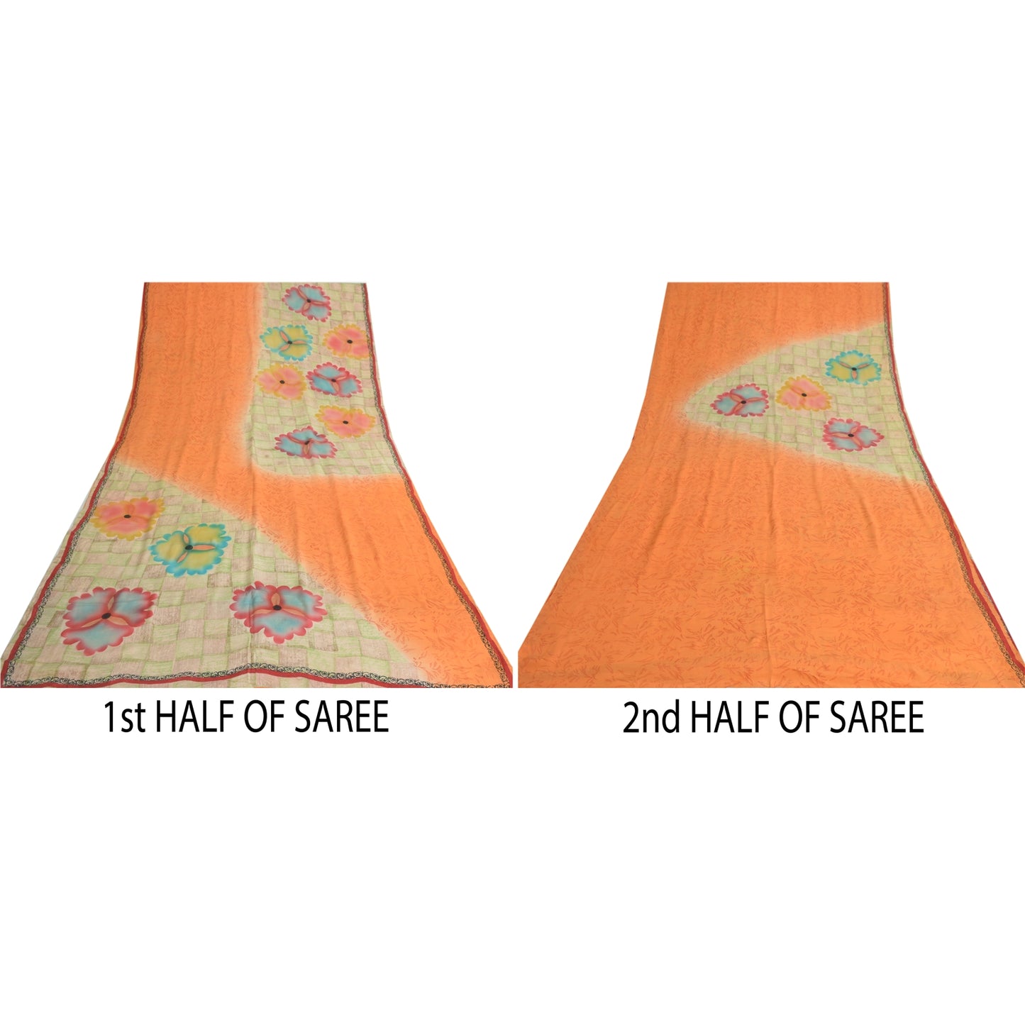 Sanskriti Vintage Sarees Orange 100% Pure Crepe Silk Printed Sari Craft Sustainable Fabric