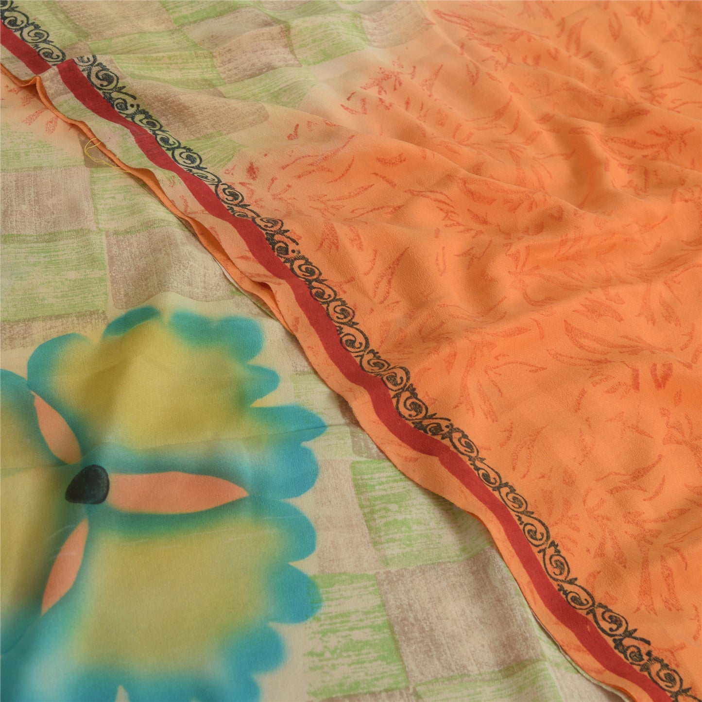 Sanskriti Vintage Sarees Orange 100% Pure Crepe Silk Printed Sari Craft Sustainable Fabric