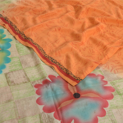Sanskriti Vintage Sarees Orange 100% Pure Crepe Silk Printed Sari Craft Sustainable Fabric