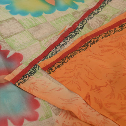 Sanskriti Vintage Sarees Orange 100% Pure Crepe Silk Printed Sari Craft Sustainable Fabric