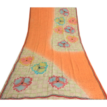 Sanskriti Vintage Sarees Orange 100% Pure Crepe Silk Printed Sari Craft Sustainable Fabric