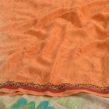 Sanskriti Vintage Sarees Orange 100% Pure Crepe Silk Printed Sari Craft Sustainable Fabric