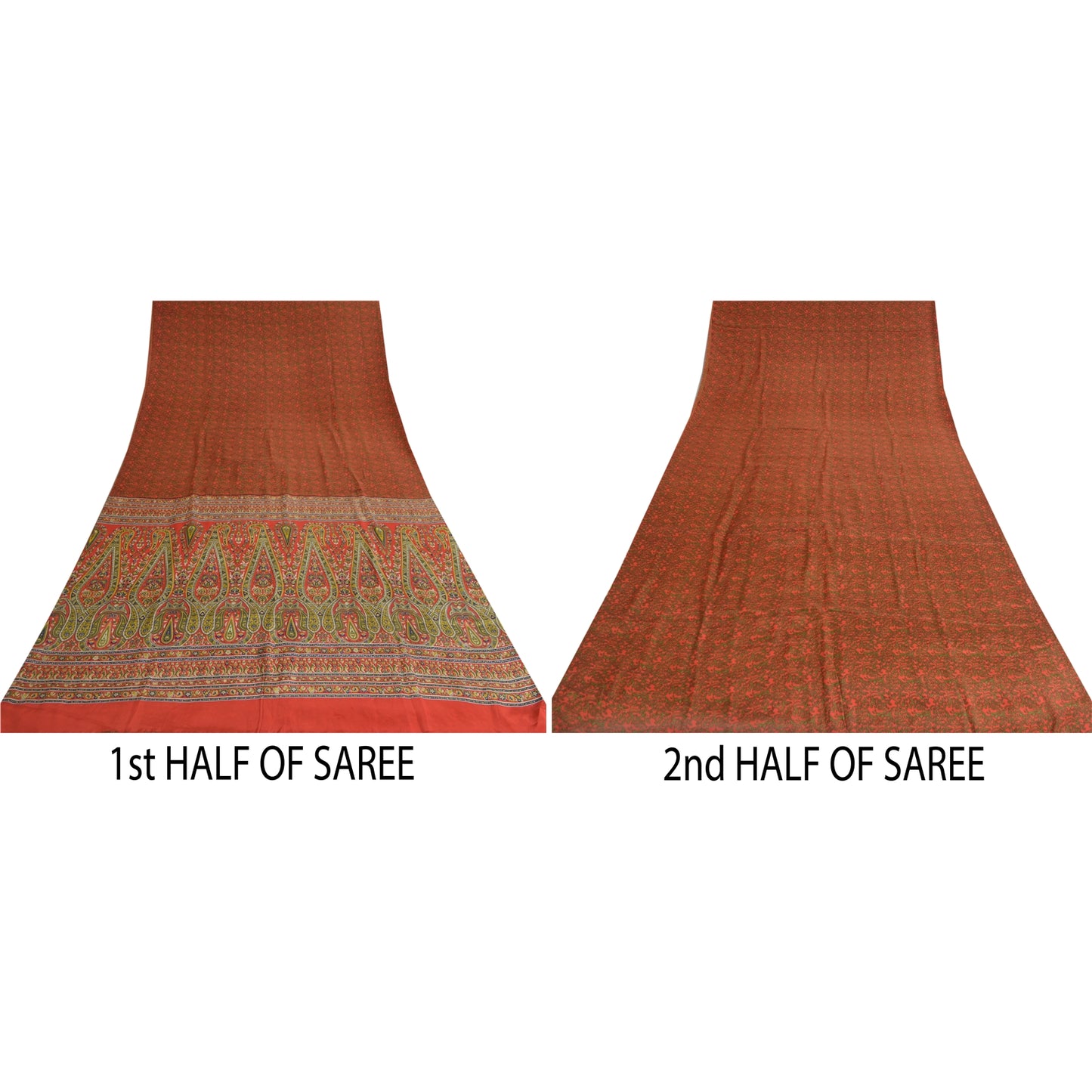 Sanskriti Vintage Sarees Orange 100% Pure Crepe Silk Printed Sari Craft Sustainable Fabric