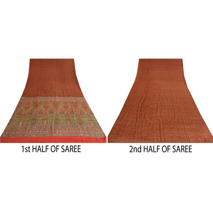 Sanskriti Vintage Sarees Orange 100% Pure Crepe Silk Printed Sari Craft Sustainable Fabric
