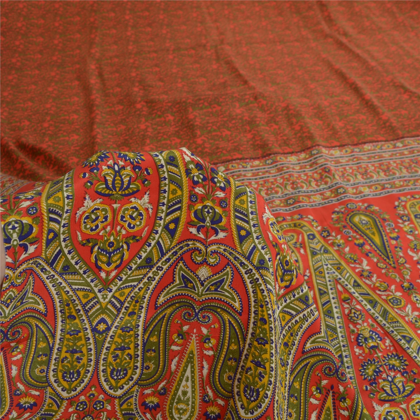 Sanskriti Vintage Sarees Orange 100% Pure Crepe Silk Printed Sari Craft Sustainable Fabric