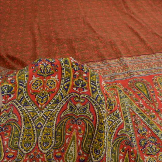 Sanskriti Vintage Sarees Orange 100% Pure Crepe Silk Printed Sari Craft Sustainable Fabric