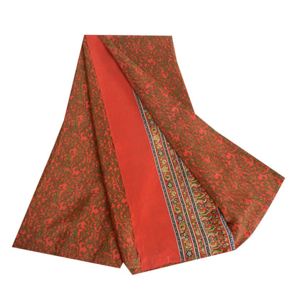 Sanskriti Vintage Sarees Orange 100% Pure Crepe Silk Printed Sari Craft Sustainable Fabric