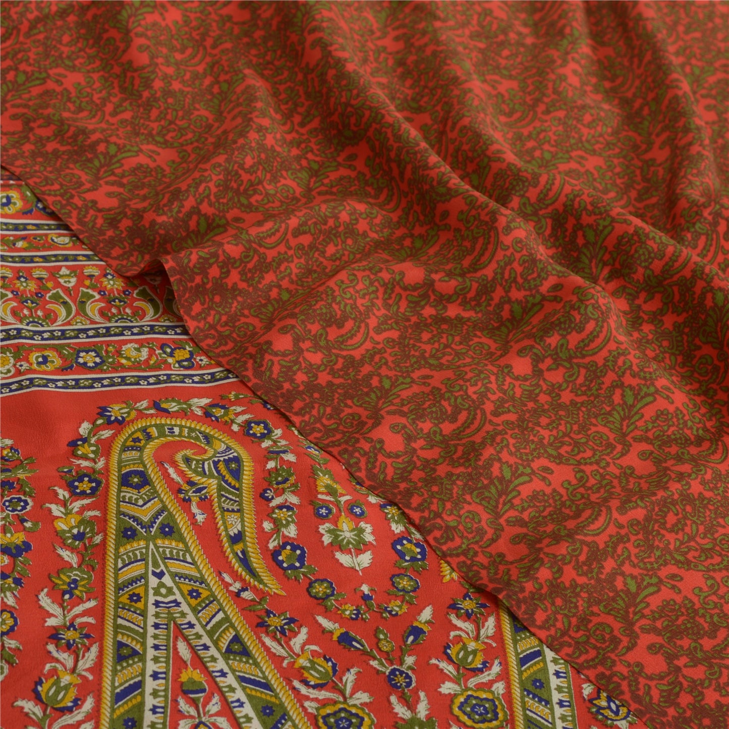 Sanskriti Vintage Sarees Orange 100% Pure Crepe Silk Printed Sari Craft Sustainable Fabric