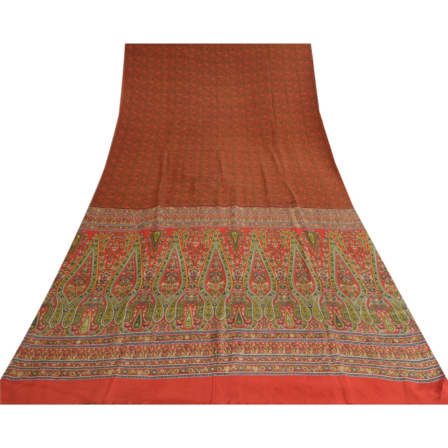 Sanskriti Vintage Sarees Orange 100% Pure Crepe Silk Printed Sari Craft Sustainable Fabric