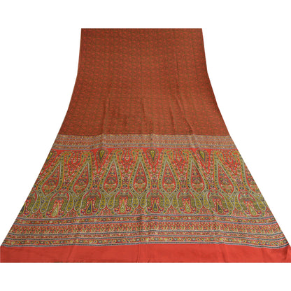 Sanskriti Vintage Sarees Orange 100% Pure Crepe Silk Printed Sari Craft Sustainable Fabric