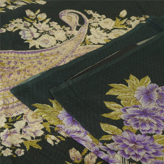 Sanskriti Vintage Sarees Ivory/Black Printed Pure Crepe Silk Sari Craft Sustainable Fabric