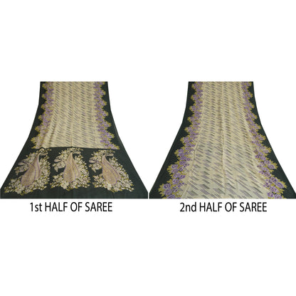 Sanskriti Vintage Sarees Ivory/Black Printed Pure Crepe Silk Sari Craft Sustainable Fabric