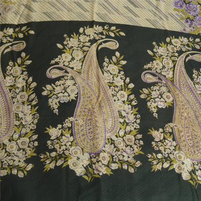 Sanskriti Vintage Sarees Ivory/Black Printed Pure Crepe Silk Sari Craft Sustainable Fabric
